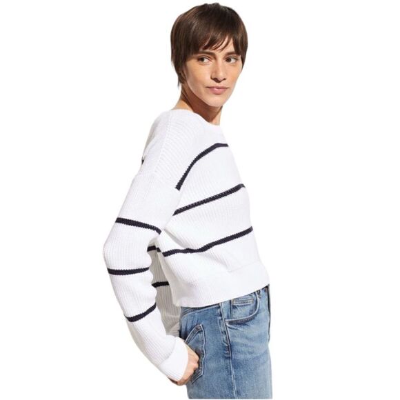 Vince Sweater Woman’s Size M Racked Rib Cotton Stripe in Optic White/Coa… - Picture 1 of 10